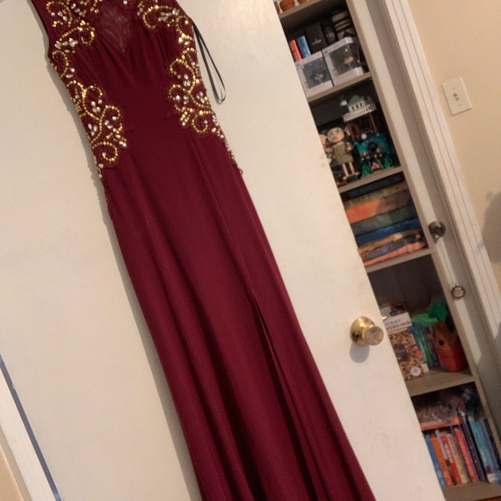 B Darlin Burgundy Dress with Gold Embellishments